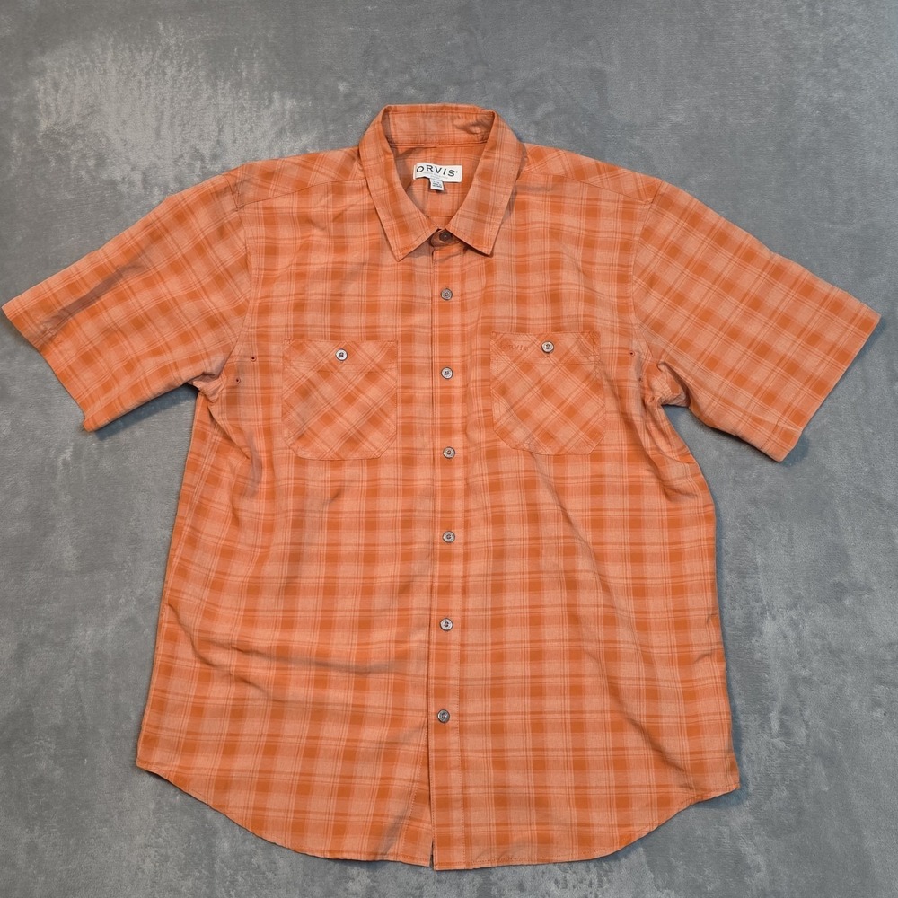 Orvis Button Down Shirt Mens L Orange Plaid Short‎ Sleeve Outdoor Fishing Hiking